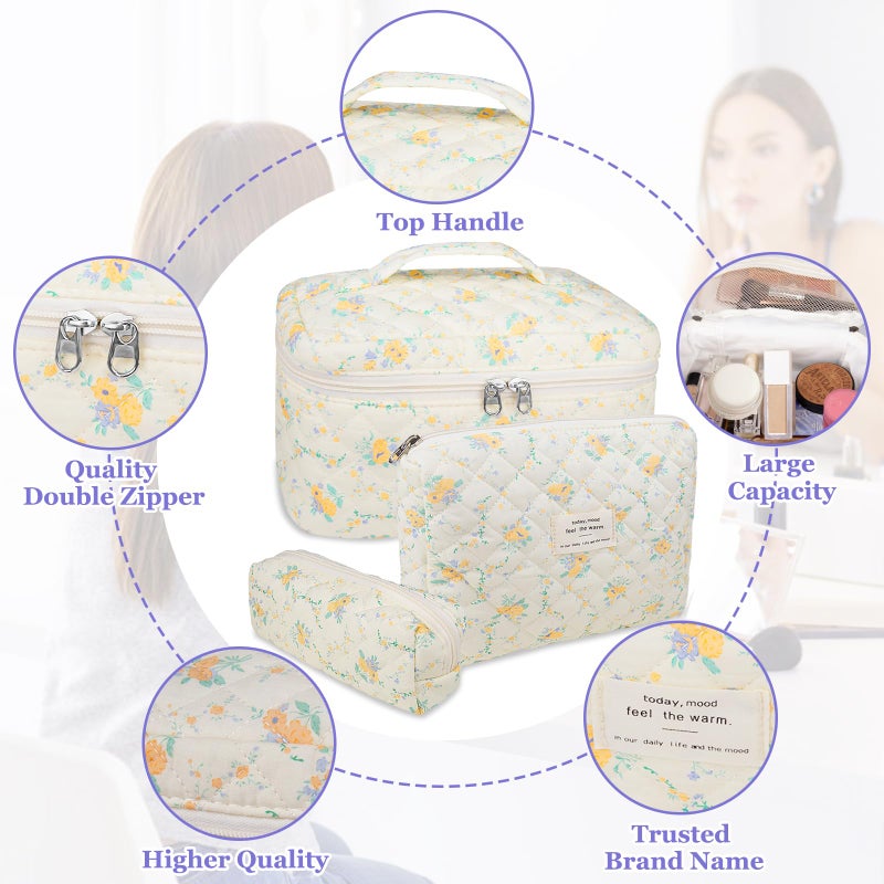 Gosect Makeup Bag Set  Quilted Makeup Bag  Large Floral Cosmetic Bag for Women  Cute Cotton Makeup Bag  Flower Travel Toiletry Organizer Bag (Yellow Daylily) - Image 3